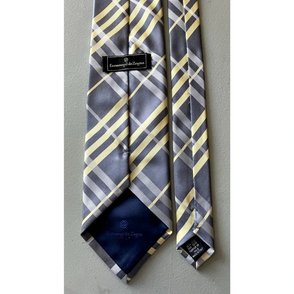 Ermenegildo Zegna Mens 100% Silk Tie Yellow Gray Plaid 4